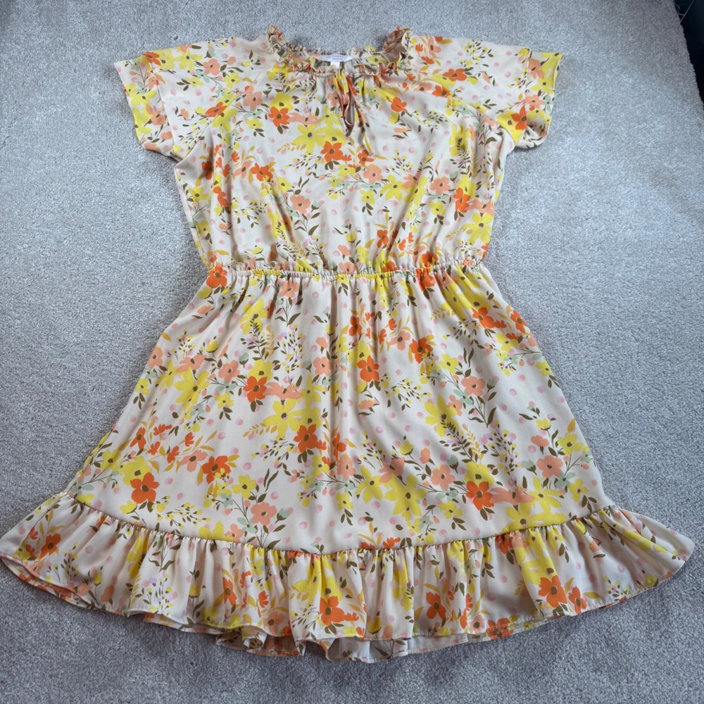 LC Lauren Conrad Floral Short Sleeve Ruffle Hem Dress XL Cream Yellow Orange